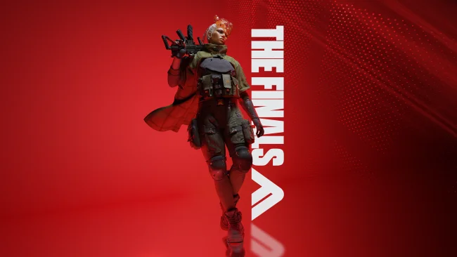 THE FINALSのキービジュアル。赤い背景の中央に、武器を担いだキャラクターとタイトルロゴが並ぶ