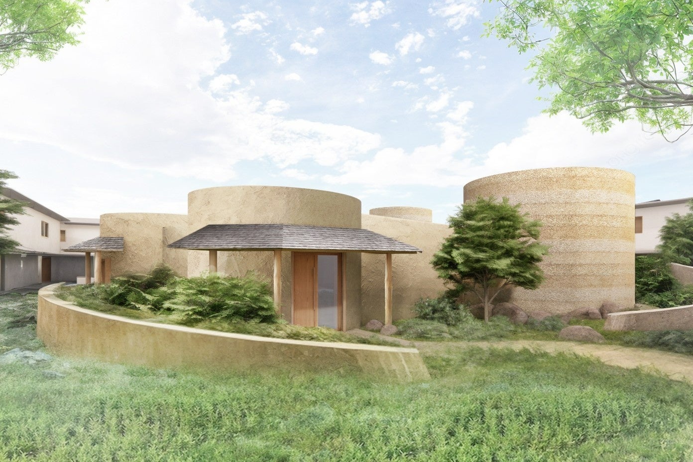 「界 嬉野」の「美肌小舎」全景の完成イメージ(丸みのある土壁の建物が並ぶ)