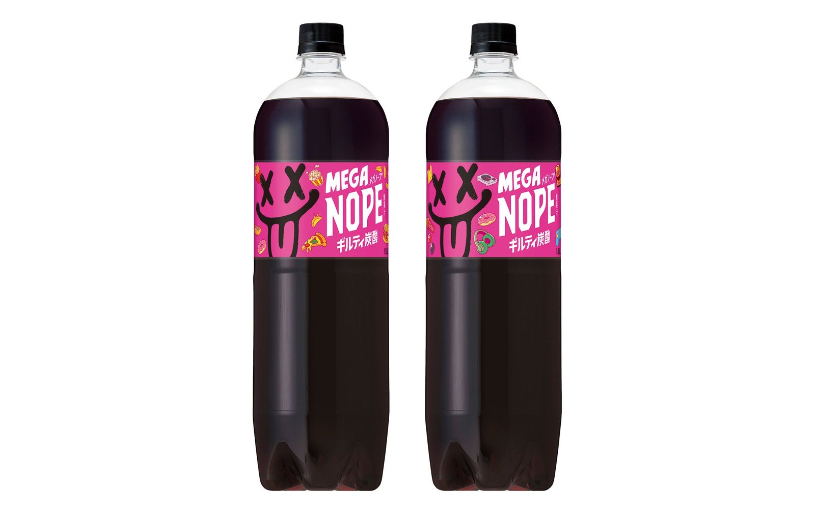 ギルティ炭酸 MEGA NOPE 1.5Lペットボトルの、フードラベル(左)とホビーラベル(右)