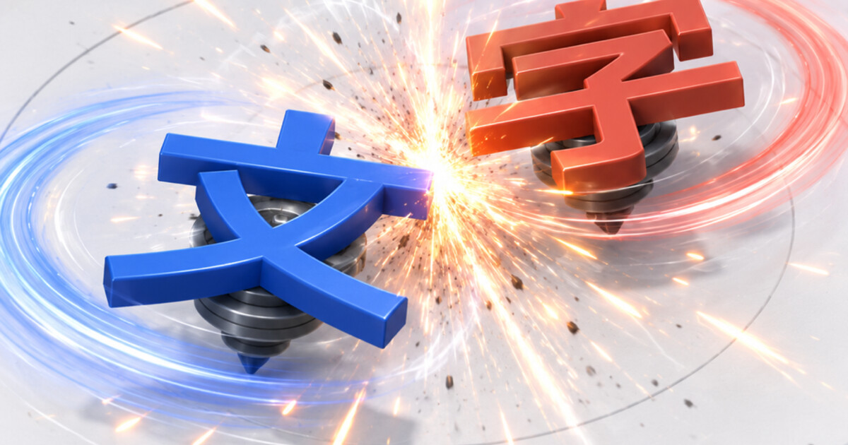 【無料】ブラウザゲーム『文字ブレード』が話題、入力した一文字が3Dのコマになって激突 10月1日公開、文字の形で強さが変わる